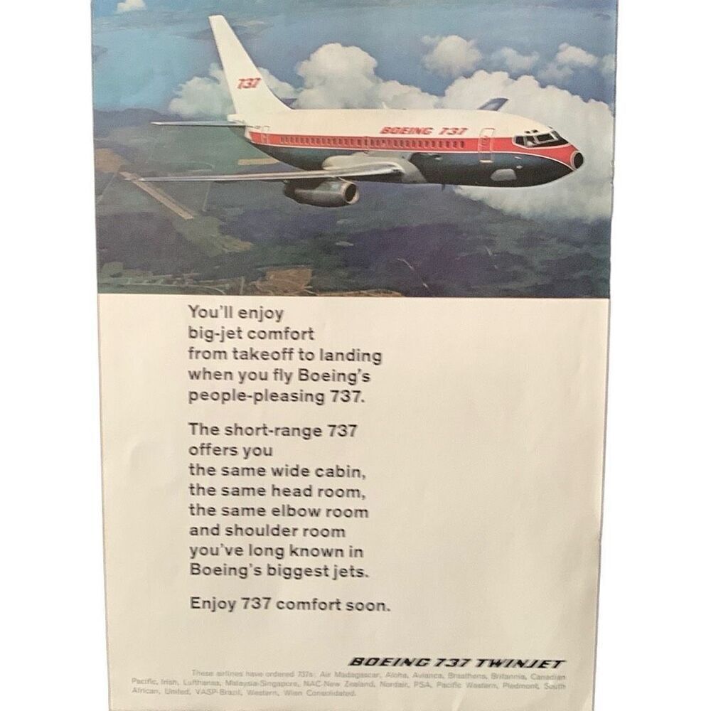 Vintage 1968 Boeing 737 Twinjet Boeing’s Biggest Jet Ad Advertisement